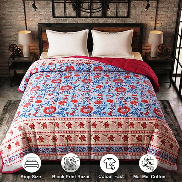 Light Blue King Size Luxury Block Print Quilt