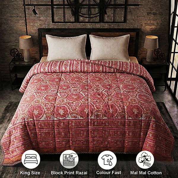 Pink King Size Luxury Block Print Quilt