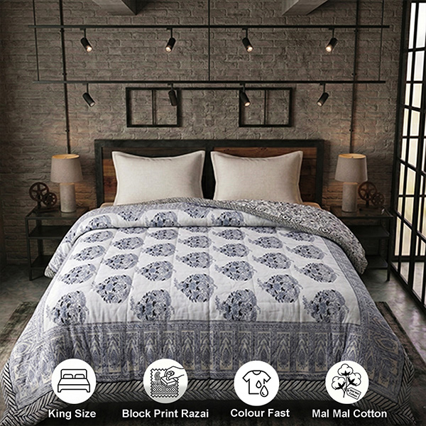 White and Grey King Size Luxury Block Print Quilt