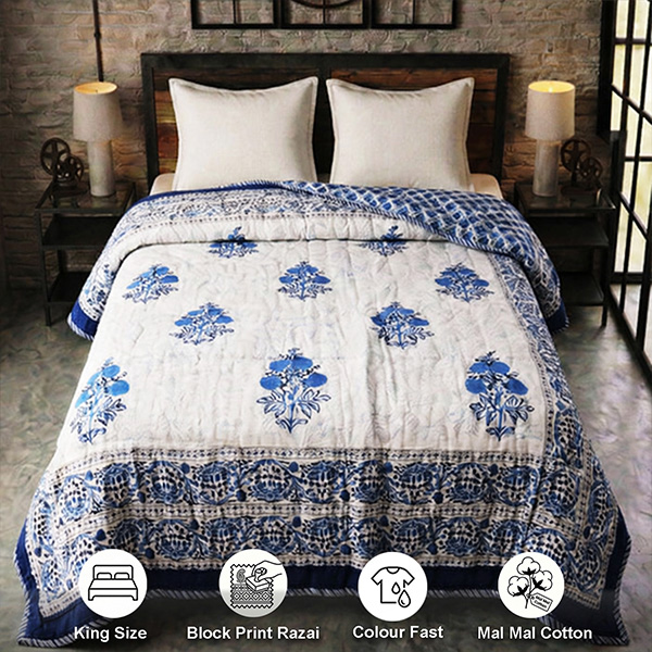 White and Blue King Size Luxury Block Print Quilt