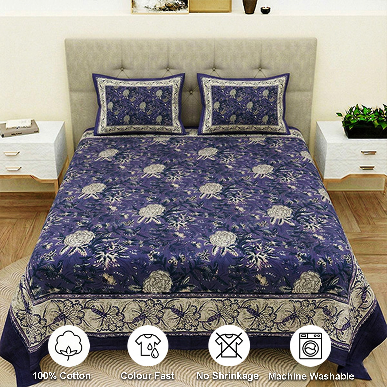 Purple Floral Block Print Cotton Bedsheet