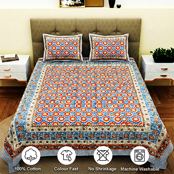 White, Orange & Blue Abstract Block Print Bedsheet Set