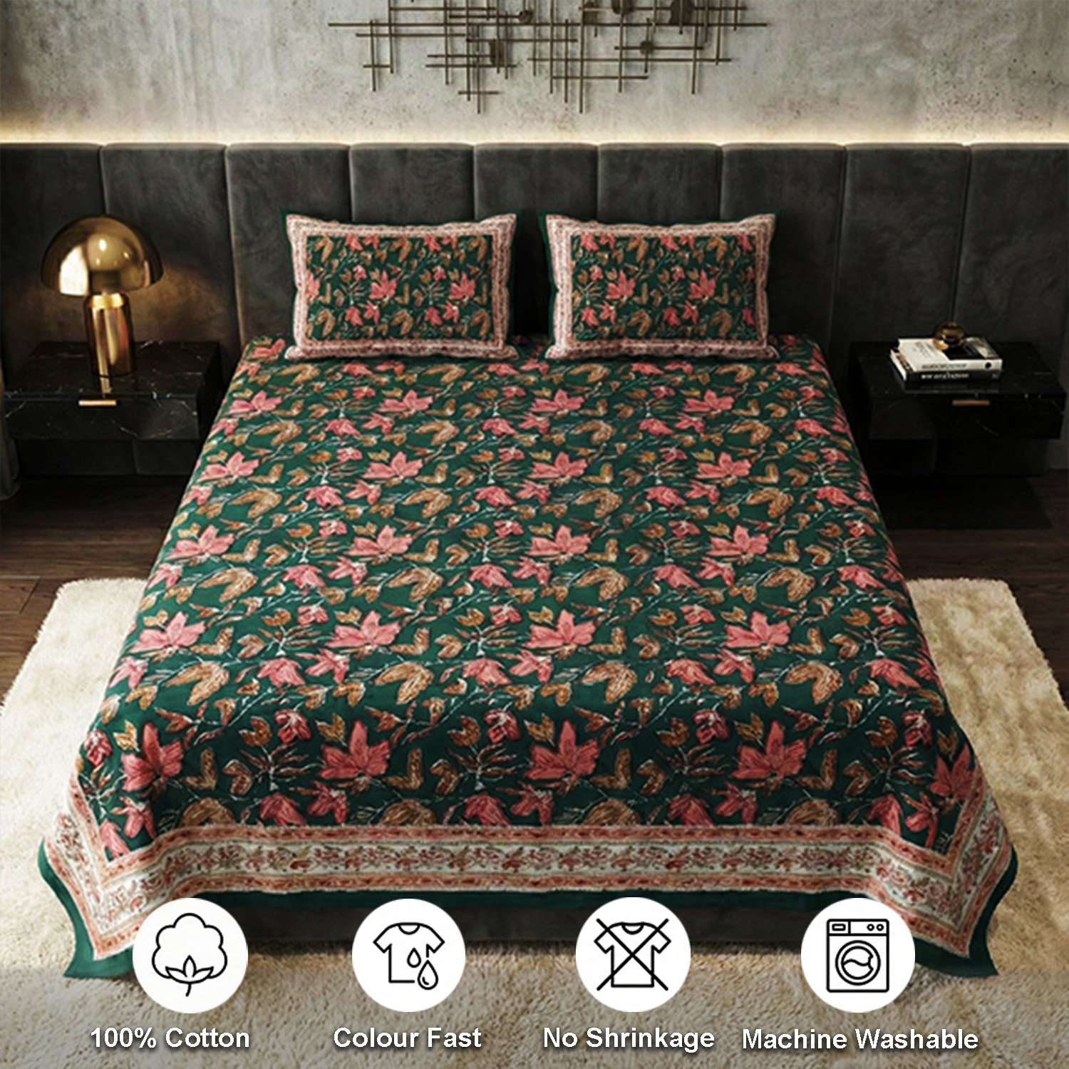 Dark Green Floral Block Print Bedsheet