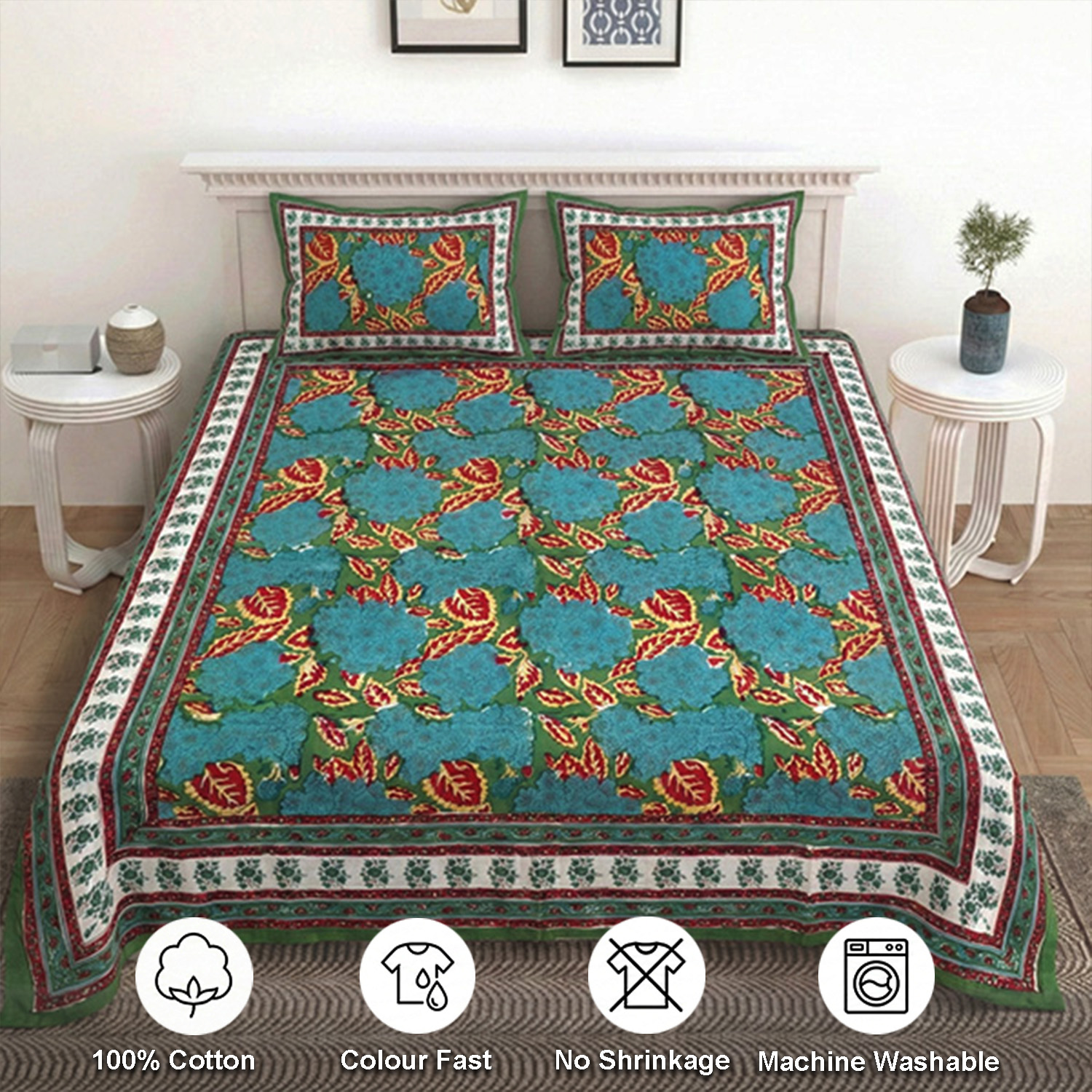 BLue, Red and Green Block Print Bedsheets
