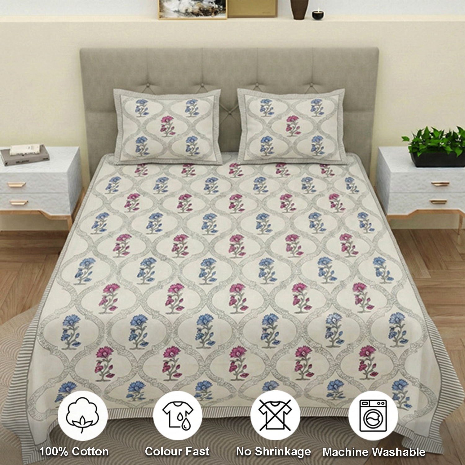 White, Blue and Pink Block Print Bedsheets