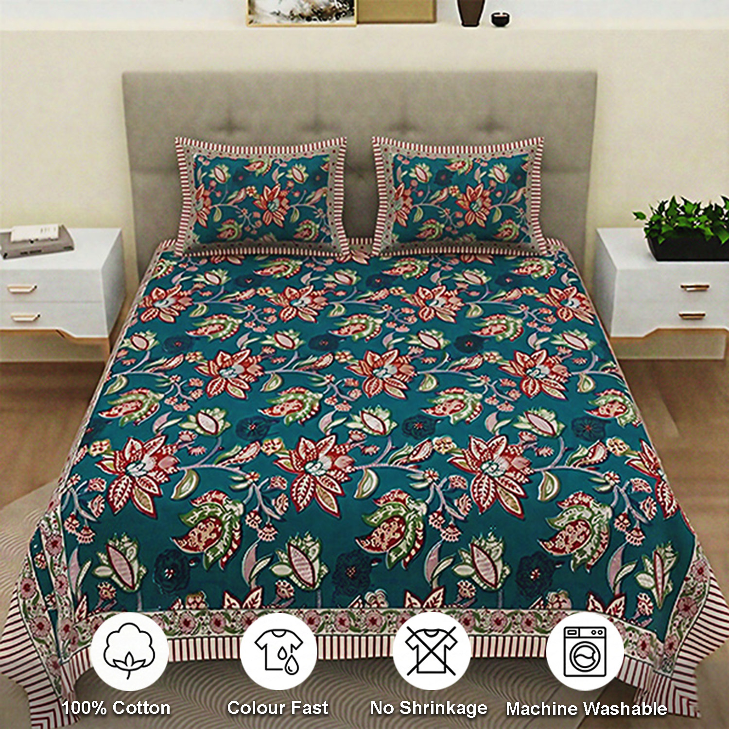 Dark Blue Floral Block Print Bedsheets