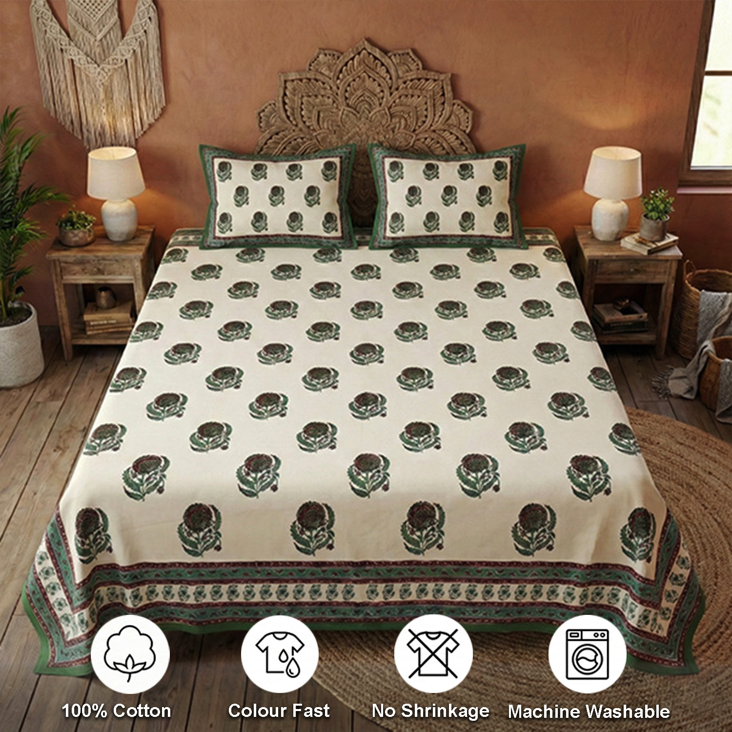 White Floral Block Print Bedsheets