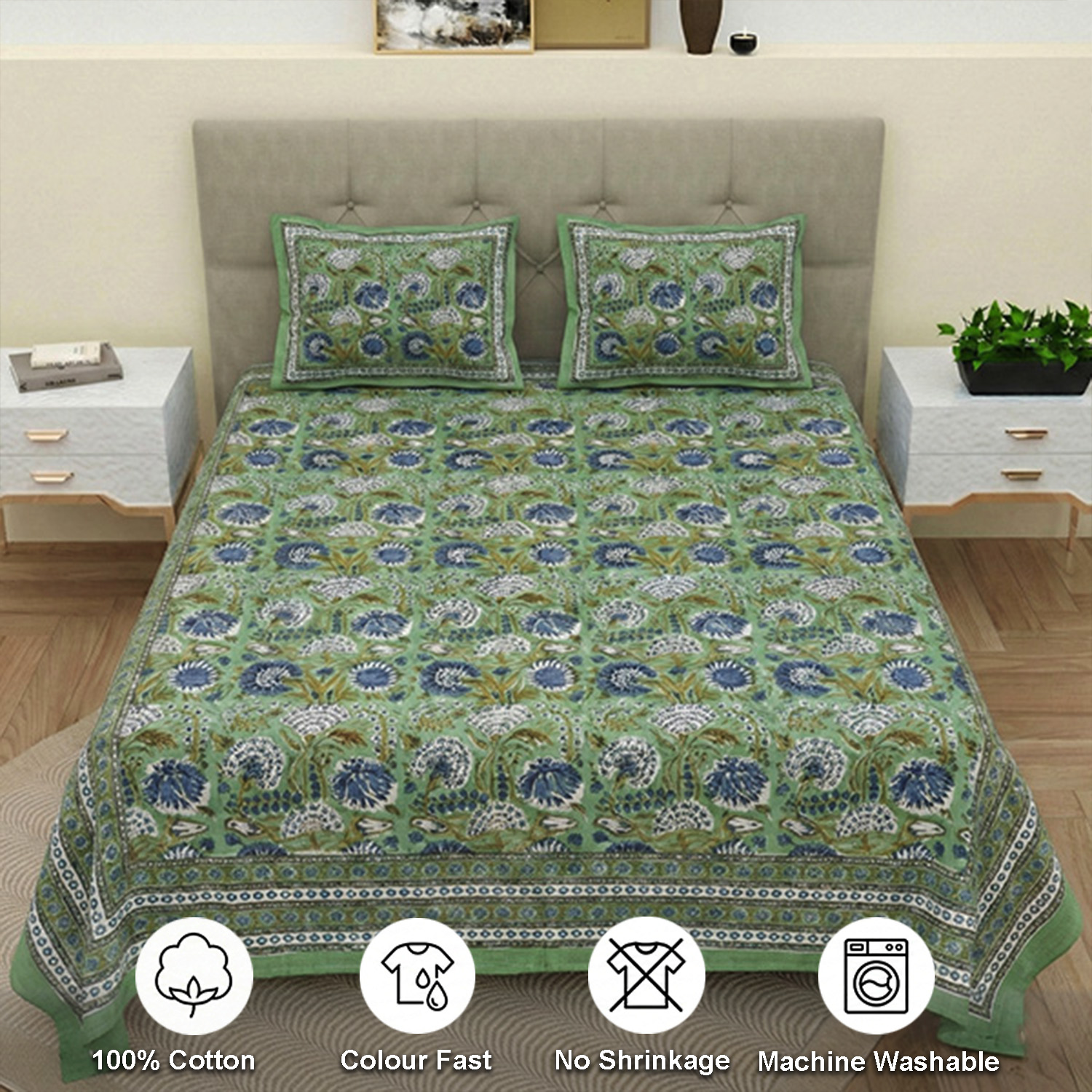 Green, Blue and White Floral Block Print Bedsheets