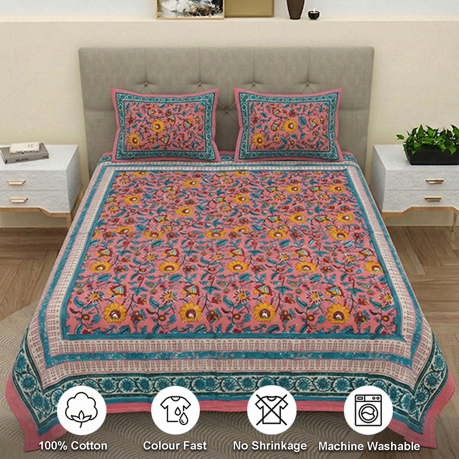 Pink Floral  Block Print Bedsheets