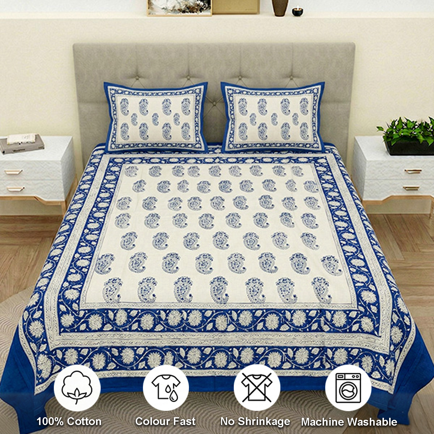 White and Blue Block Print Bedsheets