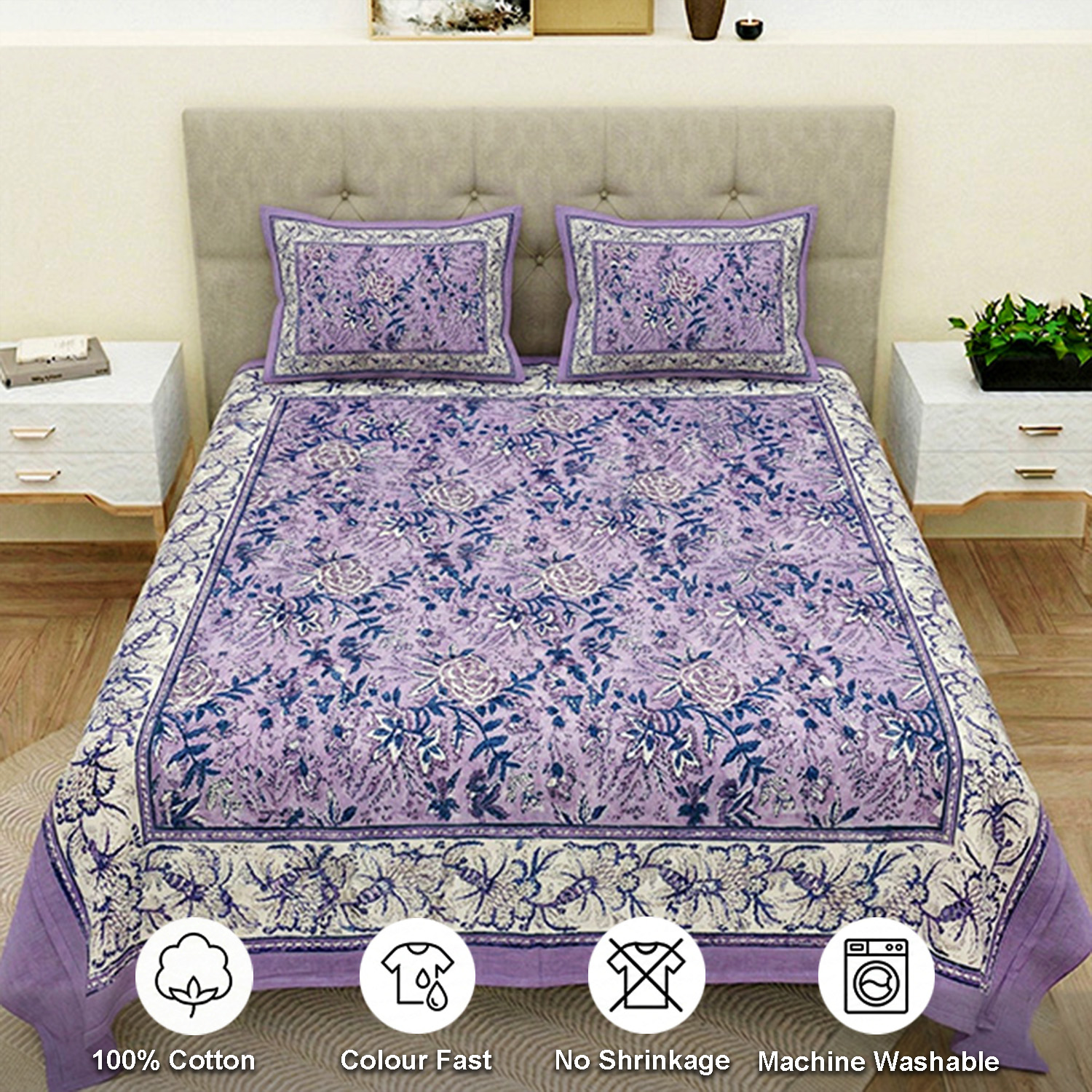 Light Purple Floral Block Print Bedsheets