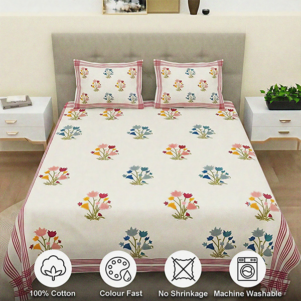 White and Red Floral Block Print Bedsheets