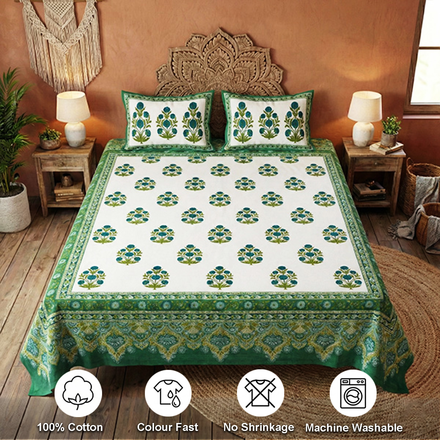 White, Blue and Green Floral Screen Print Set
