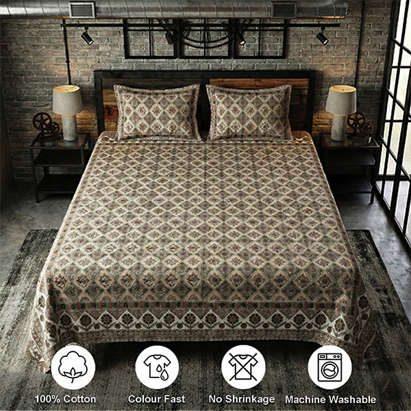 White, Brown and Grey Screen Print Bedsheet