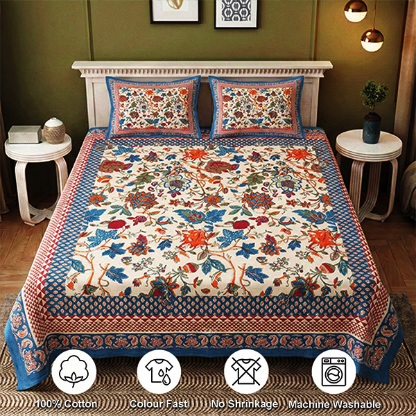 Cream, Blue, Orange and Red Screen Print Bedsheet