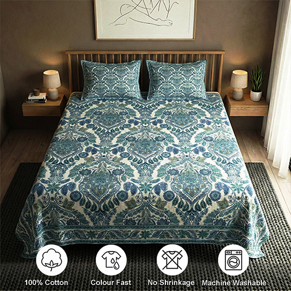 White and Blue Screen Print Bedsheet