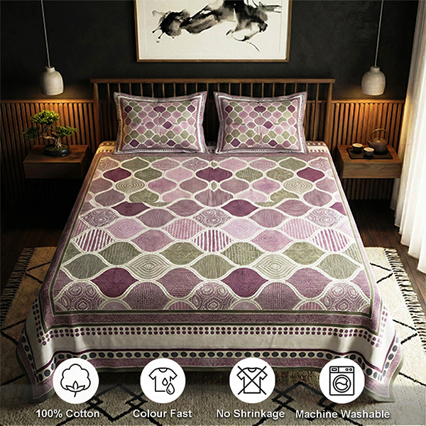 Light Green, Light Purple and white Screen Print Bedsheet
