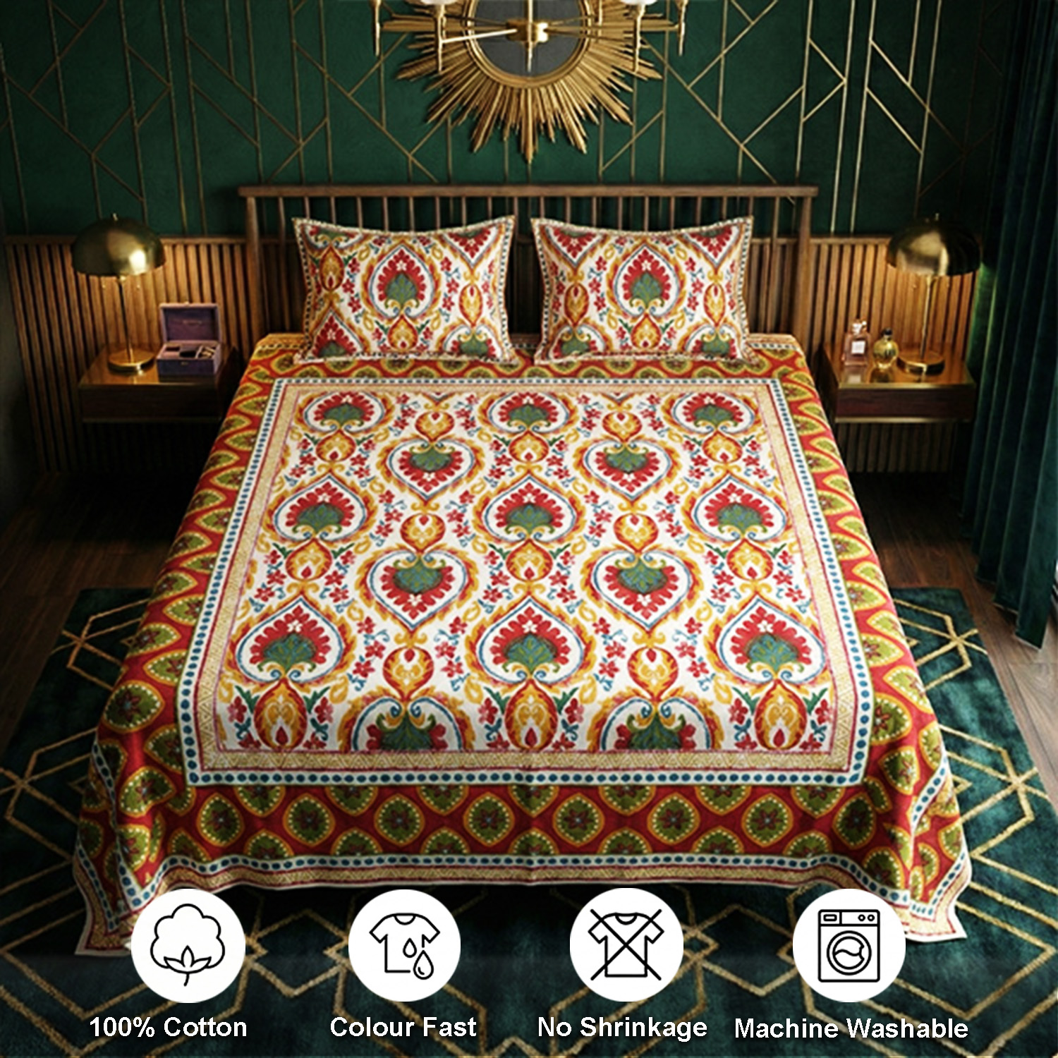 Cream, Red and Brown Screen Print Bedsheet