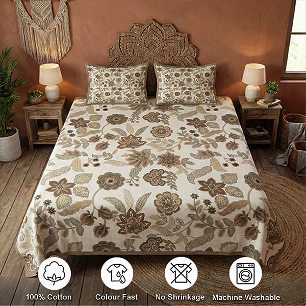 White and Brown Screen Print Bedsheet