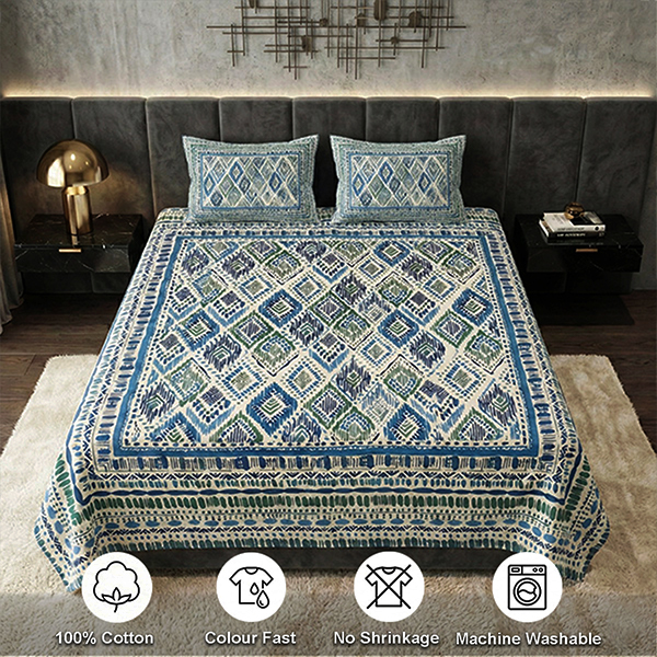 White and Blue Abstract Screen Print Bedsheet
