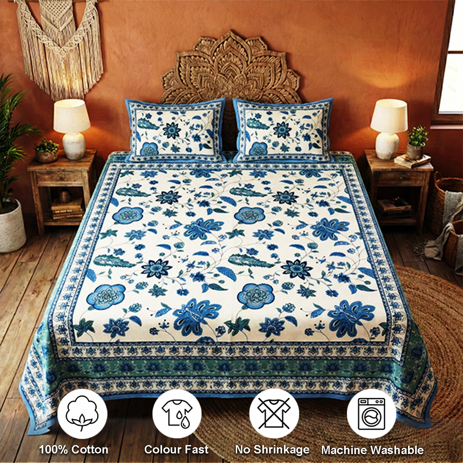 White and Blue Floral Screen Print Bedsheets