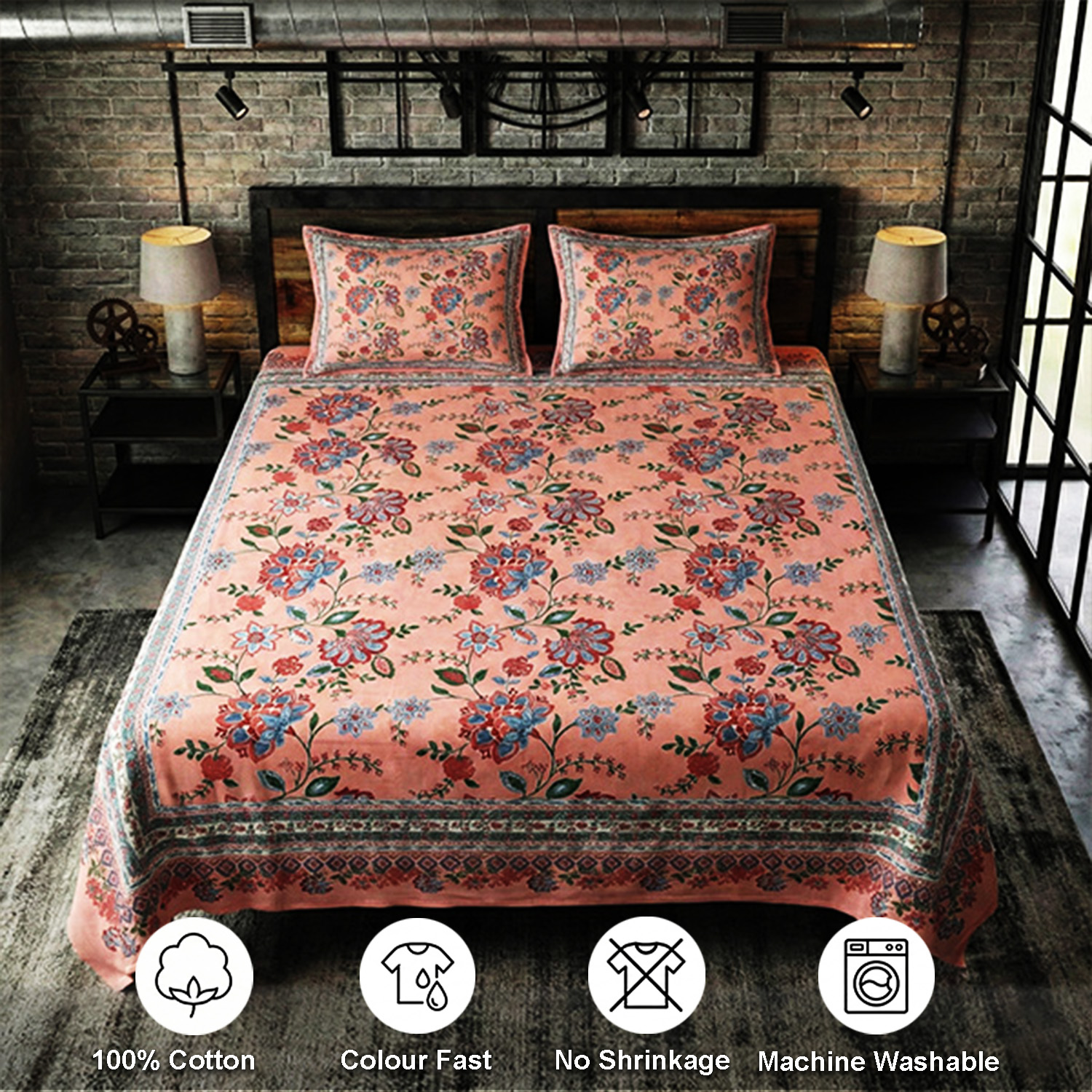 Pink, Blue and Red Screen Print Bedsheet