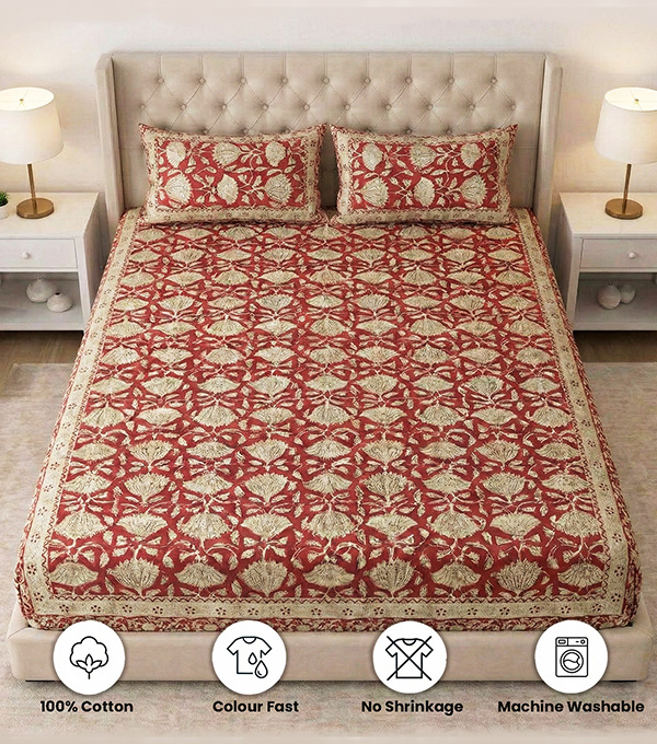 Brown Floral Block Print Fitted Bedsheet