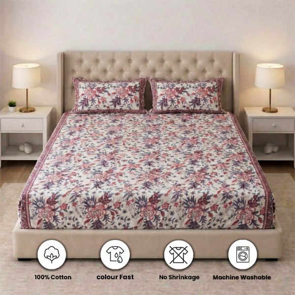 White and Red Block Print Floral Fitted Bedsheet
