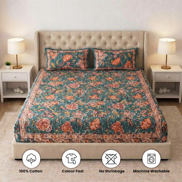 Blue Floral Block Print Fitted Bedsheet
