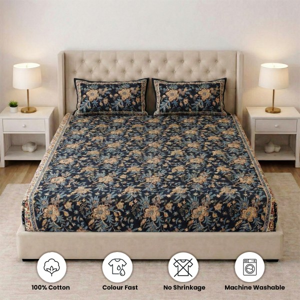 Dark Blue Floral Block Print Fitted Bedsheet