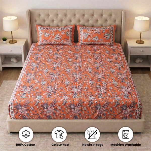 Orange Floral Block Print Fitted Bedsheet