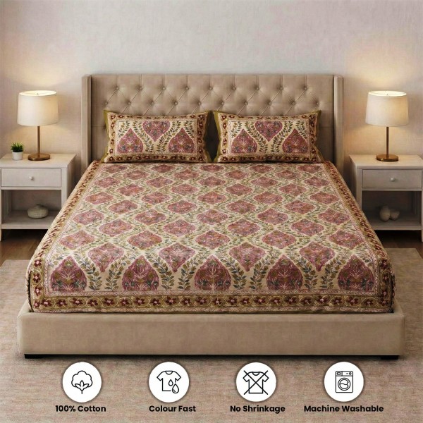 Cream Floral Block Print Fitted Bedsheet