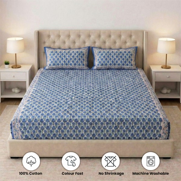 Blue and White Floral Block Print Fitted Bedsheet