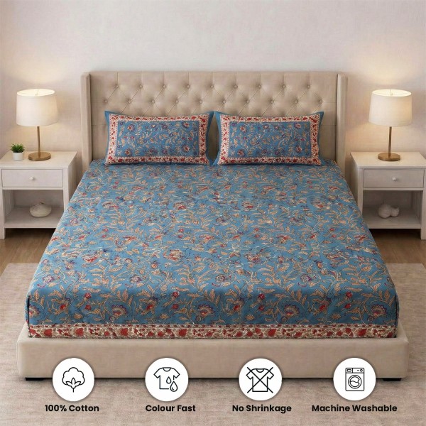 Blue Floral Block Print Fitted Bedsheet