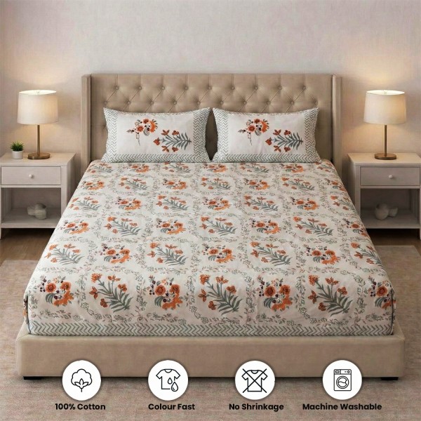 White, Brown And Grey Floral Block Print Fitted Bedsheet