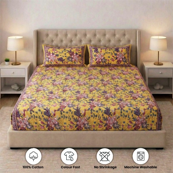 Yellow And Brown Floral Block Print Fitted Bedsheet