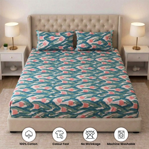 Blue and Light Pink Abstract  Floral Block Print Fitted Bedsheet
