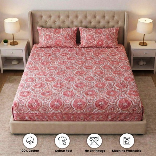 Pink Abstract Floral Block Print Fitted Bedsheet