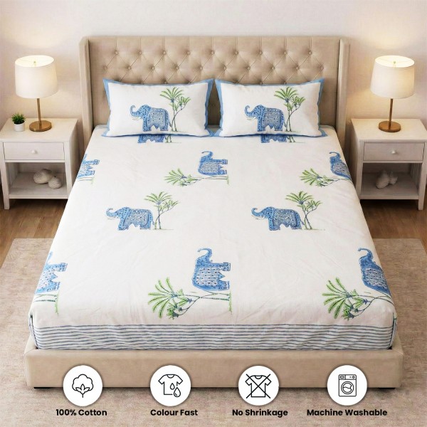 White, Blue and Green Floral Animal figures Block Print Fitted Bedsheet