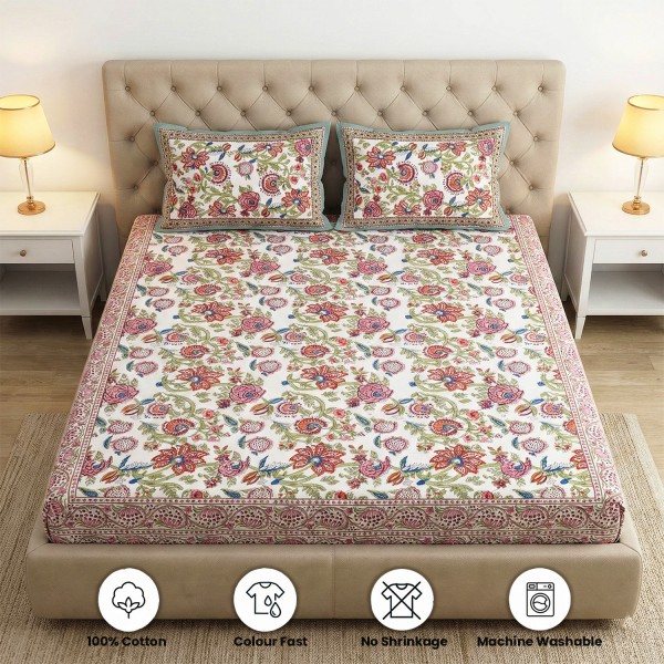 White, Red and Blue Floral Block Print Fitted Bedsheet