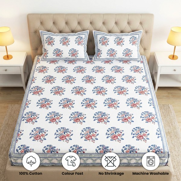 White, Blue and Red Floral Block Print Fitted Bedsheet