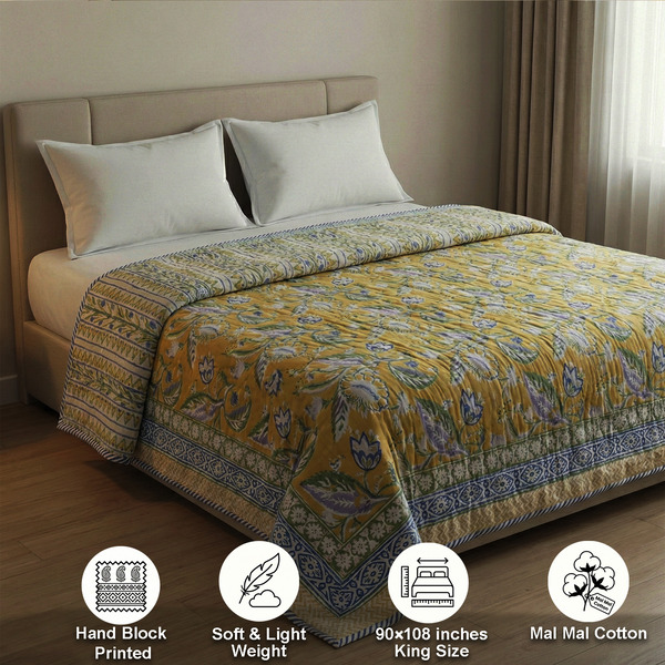 Yellow and Blue Block Print King Size Dohar