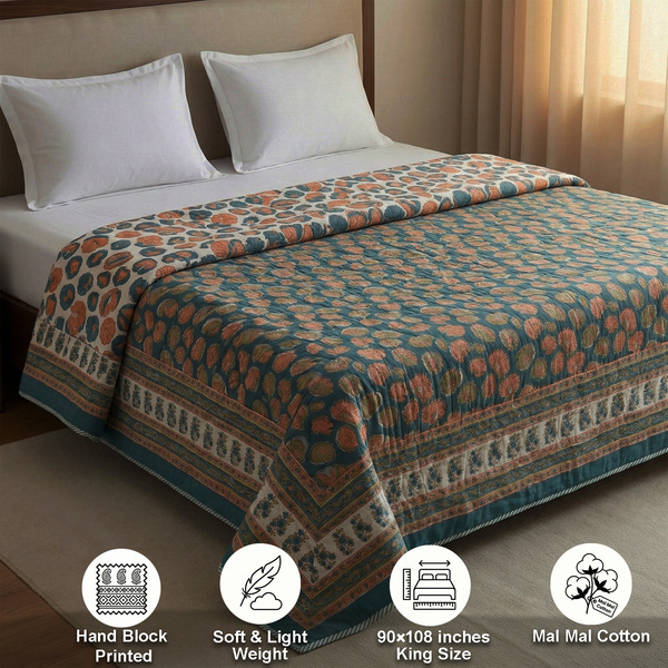 Teal and Rust Tones Block Print King Size Dohar