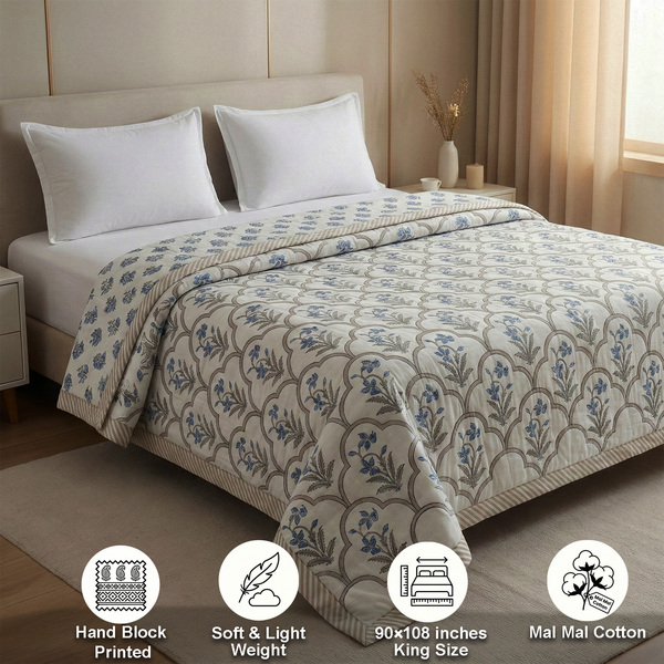 White, Grey and Blue Block Print King Size Dohar