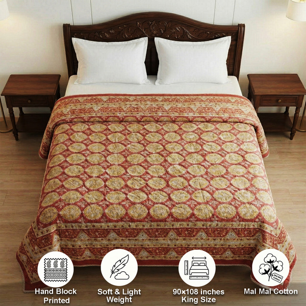 Red and Yellow Block Print King Size Dohar