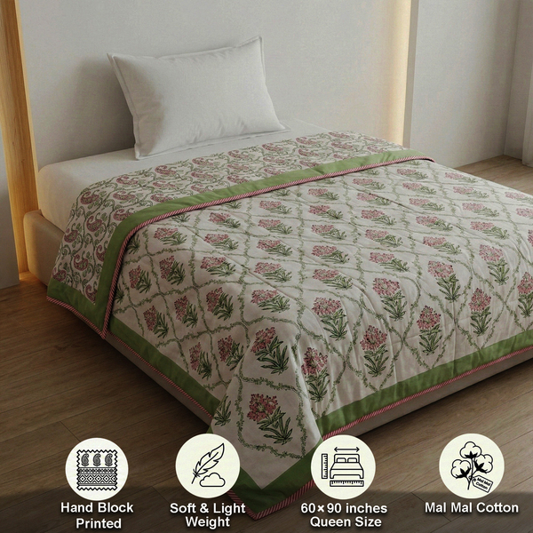 White, Green and Red Block Print Single Dohar