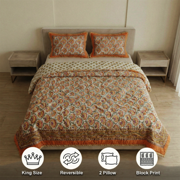 White and Orange Comforter Cum Bedcover