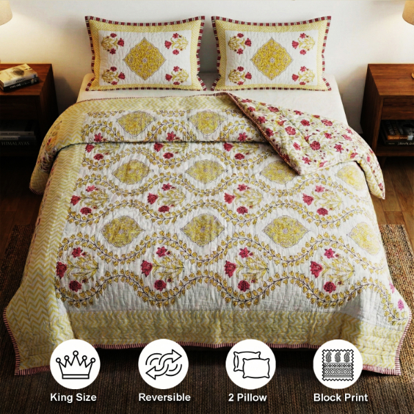 White, light green and dark pink Comforter Cum Bedcover