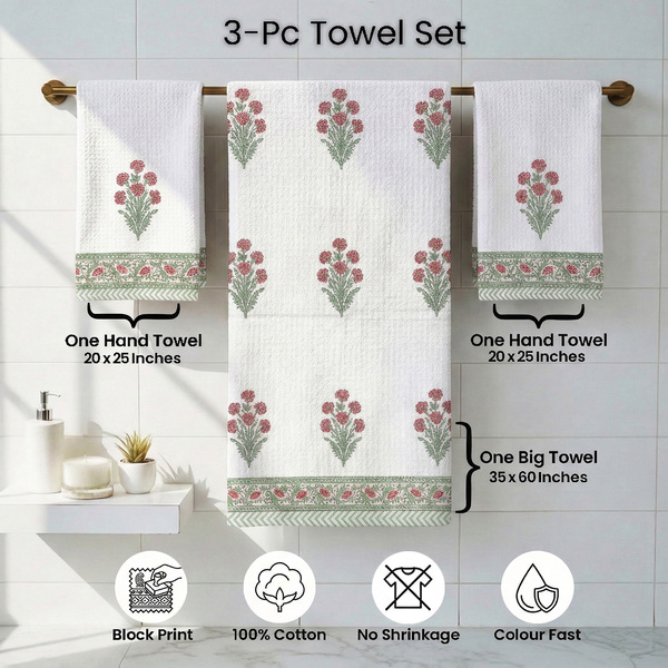 White, Red and Green Floral Towel Sets
