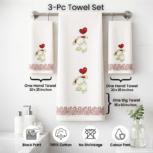 White Cartoon Bunny with Heart Towel Sets